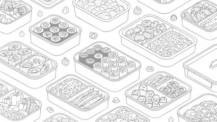 Thin Line Vector Set Featuring Japanese Bento Boxes, vector