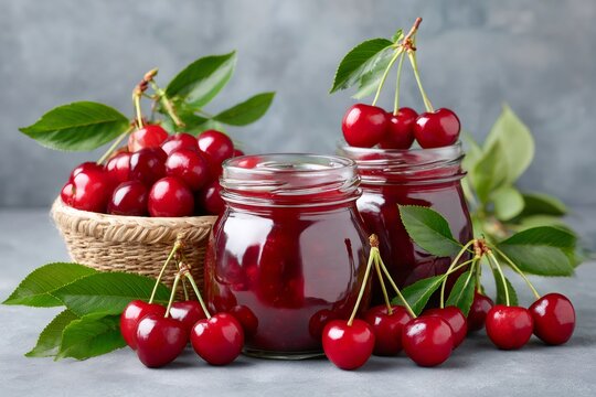 Homemade cherry jam with fresh cherries is standing on a gray background - Powered by Adobe