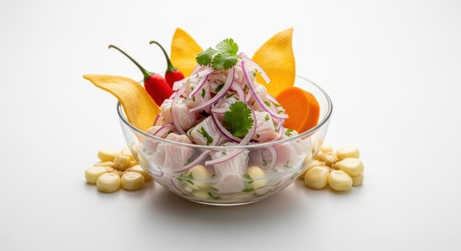 Vibrant Peruvian Ceviche Bowl with Chili, Plantain Chips, and Choclo