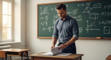 Dedicated male teacher thoughtfully organizing corrected student assignments at his desk in a geometry classroom