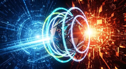 Obraz premium Abstract Digital Core with Glowing Energy Rings & Interconnected Data Streams - Futuristic Tech Concept