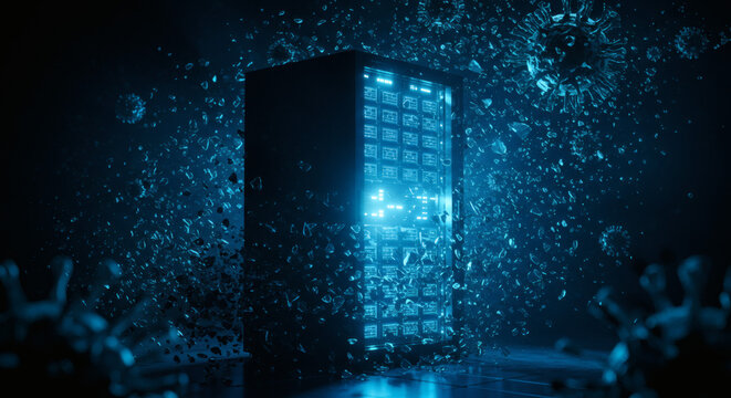 Digital server experiences critical breakdown, scattering data fragments in a dark, high-tech environment, symbolizing system vulnerability and profound cybersecurity risks
