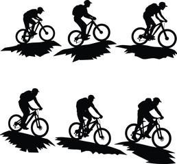 Obraz premium Mountain biker silhouettes riding, extreme sports, downhill cycling, mountain biking action, outdoor adventure, cyclist on trail, biking nature, extreme mountain biking, outdoor sports.