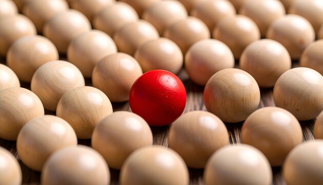 Unique red ball in the group of wooden red balls, being different concept, noticable in the crowd. Abstract and conceptual. Detailed high quality image. 