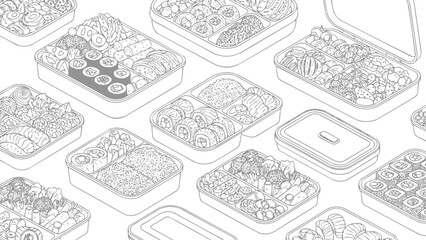 Elegant Outline Illustrations of Japanese Food Boxes, vector