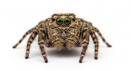 A close-up, front-facing view of a jumping spider with large, iridescent green eyes and a patterned brown and black body against a white background.