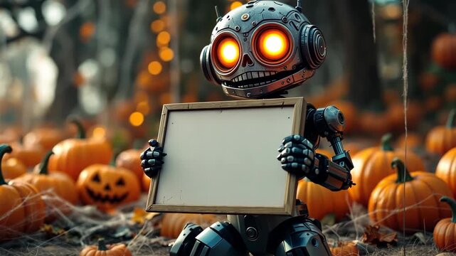 A halloween robot holds a blank frame in a pumpkin patch