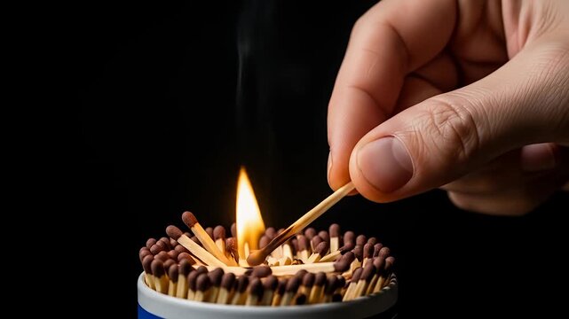 Hand igniting matchstick from a pack of wooden matches
