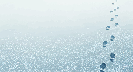 A light-blue background displays a trail of footprints, suggesting a journey or path through a snowy landscape.