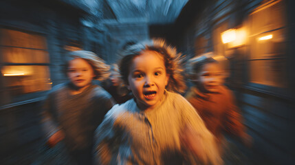 Group of kids running from a haunted house, representing the thrill and fear of Halloween attractions