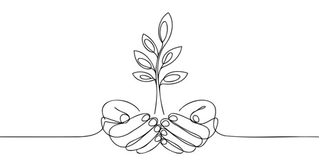 Minimalist continuous line drawing of two hands gently holding a growing plant, symbolizing care, sustainability, growth, and environmental protection