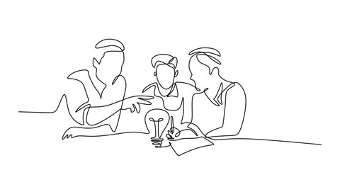 One Line Drawing of Group Brainstorming Around Light Bulb