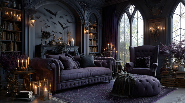 Purple gothic room with bats and candlelight spooky halloween vibes