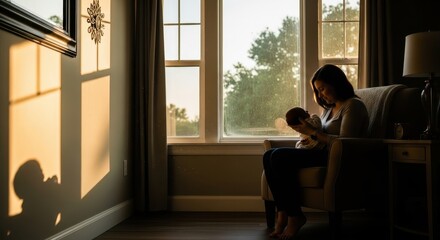 Fototapeta premium Serene morning moment as a loving mother cradles her newborn baby by a sunlit window, capturing the gentle bond and warm light
