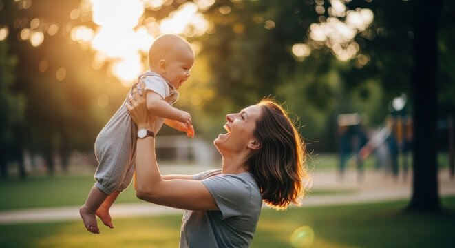 Joyful Mother Lifts Her Laughing Baby High in the Air, Bathed in Warm Golden Sunlight at a Beautiful Park