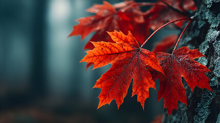 Vibrant red maple leaves clinging to a tree trunk, glistening with water droplets in autumn