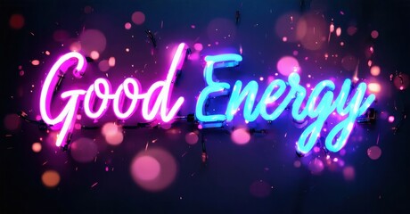 Bright neon sign displays Good Energy. Pink, blue hues create vibrant, positive atmosphere. Bokeh effects add depth, visual interest.