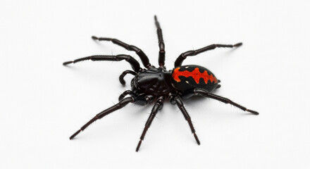 A black widow spider with distinctive red markings on its abdomen is shown from a top-down perspective against a white background.