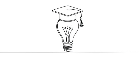 Minimalist continuous line drawing of light bulb wearing graduation cap, symbolizing education, innovation, knowledge, and creative learning