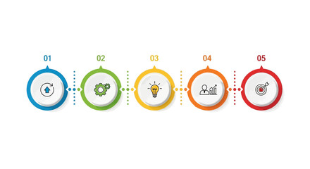 Modern infographic template illustrating a clear five-step business process or project development timeline, from initial concept to successful goal achievement