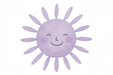 Purple sun smiling, watercolor rendering on transparent backdrop, ideal for kids' artwork and seasonal design themes