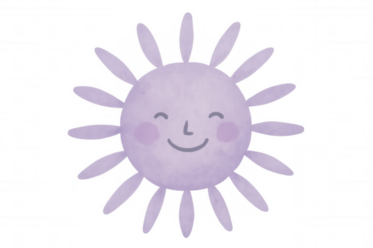 Purple sun smiling, watercolor rendering on transparent backdrop, ideal for kids' artwork and seasonal design themes