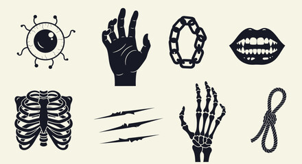 Illustration featuring an eyeball, hand, chain, lips with fangs, rib cage, scratches, skeleton hand, and a noose.