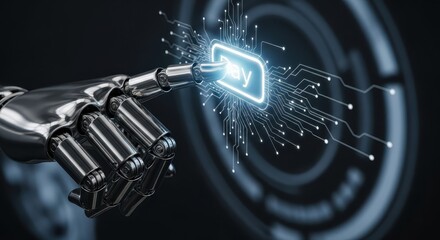 Robotic arm engaging a glowing digital 'Pay' button, symbolizing advanced automated transactions and future fintech