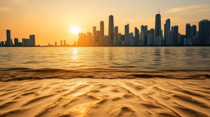 Dramatic Chicago Skyline at Sunset over Lake Michigan from Sandy Beach perspective