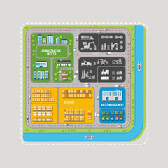 Modern industrial complex and logistics hub depicted in an overhead infographic, detailing administrative offices, storage, heavy machinery operations, and waste management facilities