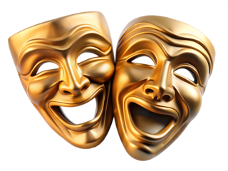 Two Golden Theater Masks Representing Comedy and Tragedy drama isolated on a transparent background