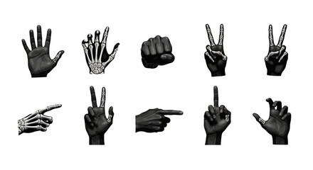A collection of ten hand gestures, including open palm, skeleton hand, fist, peace sign, pointing, and middle finger, in black and white.