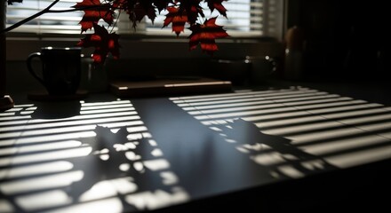 Warm morning sun filters through blinds, casting dramatic leaf and lattice shadows on a serene kitchen counter