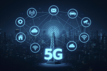 Image depicts futuristic 5G communication tower surrounded by various icons representing connectivity, including cloud services, vehicles, and security cameras. This visual emphasizes advanced