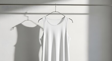 Plain white tank top hanging on a coat hanger with a shadow on the wall