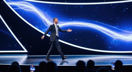 Energetic male presenter walks confidently on stage, captivating audience with a powerful corporate presentation