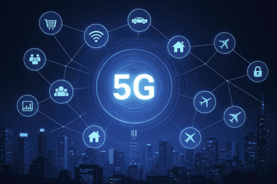 5G technology connects various urban elements, enhancing communication and efficiency in transportation, shopping, and home automation. This futuristic network symbolizes progress and innovation