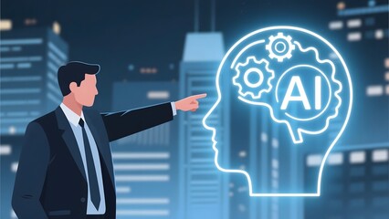 Businessman pointing at an AI brain illustration against a cityscape background
