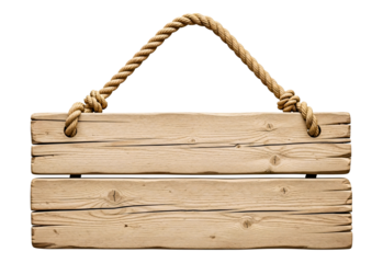 An old blank wooden hanging sign with a chain is isolated on a white background