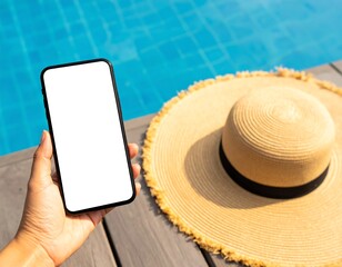 Smartphone by pool with straw hat