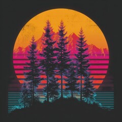 Vibrant sunset over mountain landscape with silhouetted pine trees and colorful stripes