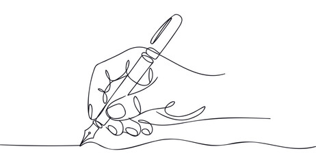 Minimalist continuous line drawing of human hand holding fountain pen and writing, symbolizing creativity, education, expression, and learning