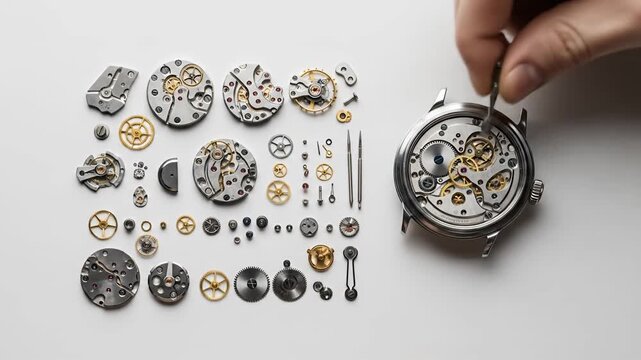 Expert Watchmaker Hands Assembling Mechanical Watch Movement Gears