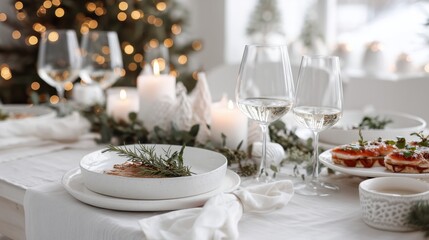 Festive Christmas and New Year's table setting with elegant decor and seasonal dishes in a cozy dining room