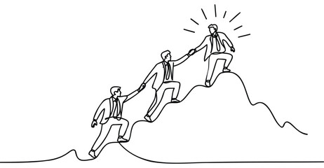 Minimalist continuous line drawing of business team climbing mountain together, symbolizing leadership, teamwork, support, and achievement
