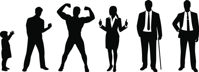 Silhouettes of people at different life stages, child to elderly, business man, bodybuilder, woman, diverse ages, growth, life cycle, human development concept.