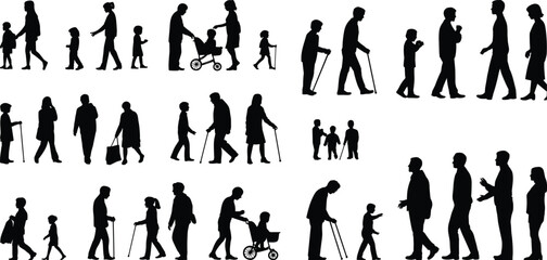Silhouettes of people walking, children to elderly, family life illustration, community interaction, parenting, multigenerational figures, diverse lifestyle, human behavior