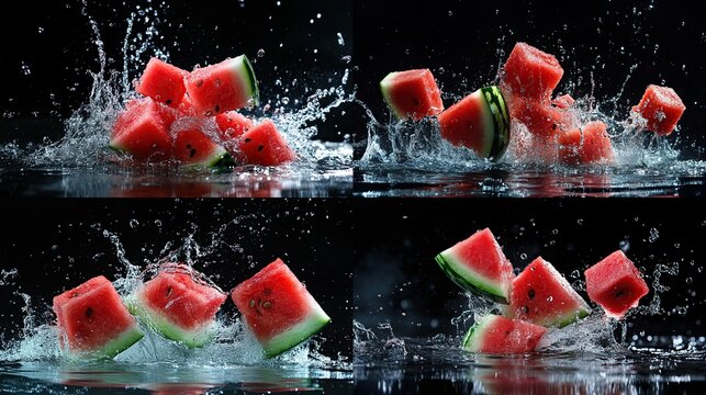 Four images show cubed watermelon pieces in mid-air, exploding with water splashes against a black background - Powered by Adobe