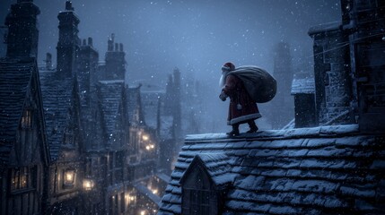Obraz premium Christmas spirit captured as Santa delivers gifts on a snowy rooftop in a quaint village during the festive season