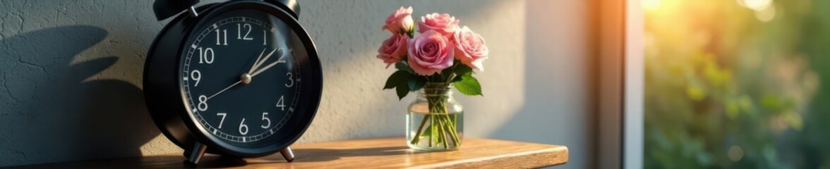 Black clock face, roses glass jar, sunlit wood, cement wall backdrop , table, roses, black